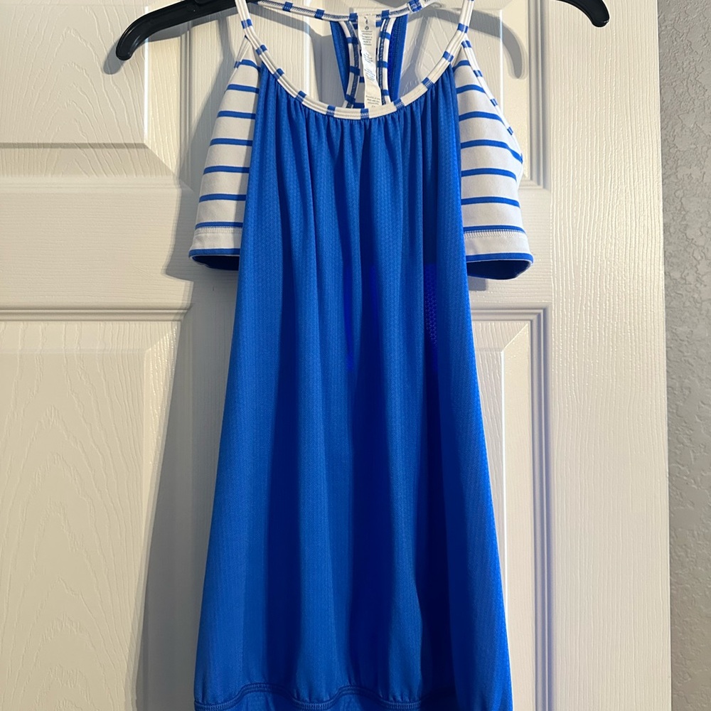 Lululemon Blue and White Striped yoga tank with bra.